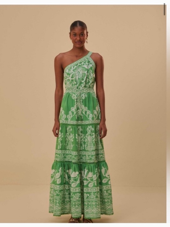FARM Rio Dresses & Skirts - FARM Rio Green One-Shoulder Printed Tiered Maxi Dress